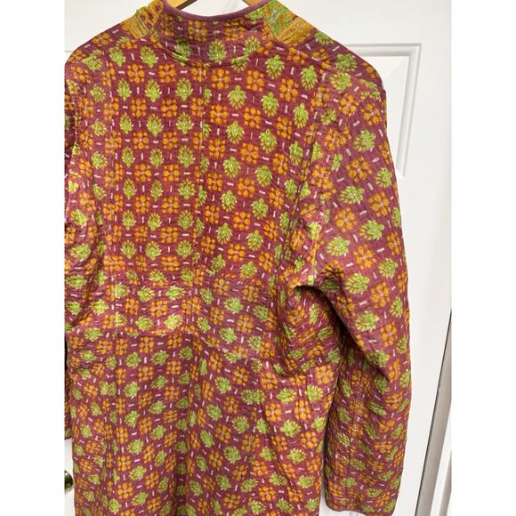 Silk Sari and Kantha Jacket High Low Hem Reversible Global Boho Patchwork Large - Picture 6 of 9